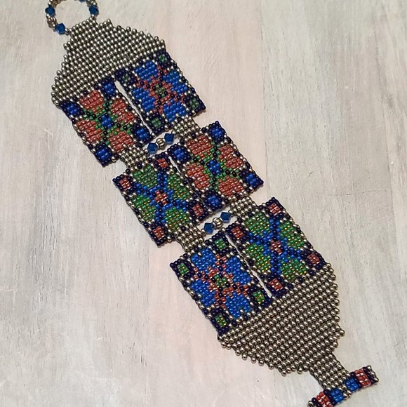 Handcrafted Pewter Glass Bead Hand stitched Bracel - Picture 2 of 3